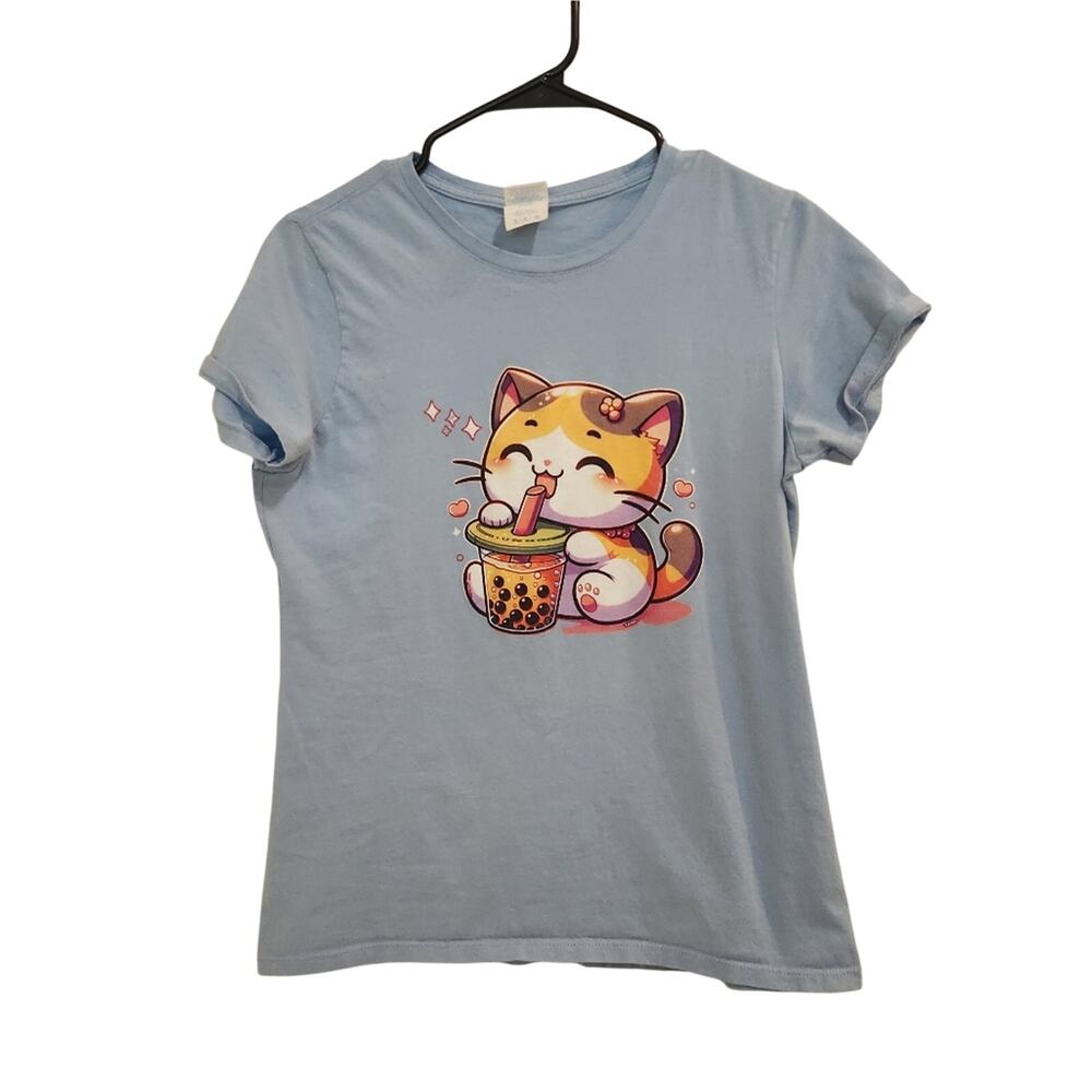 Kawaii Anime Kitty Calico Cute Cat Boba Tea Blue Graphic T-Shirt Size Small